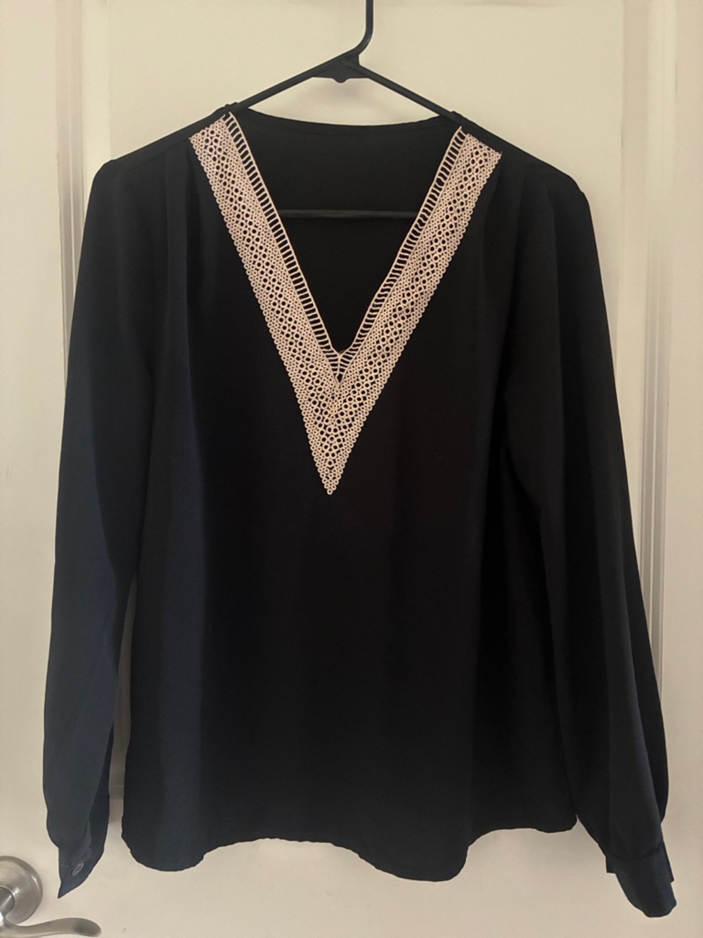 Black Women's Long-Sleeve Top with Cream Lace V-Neck